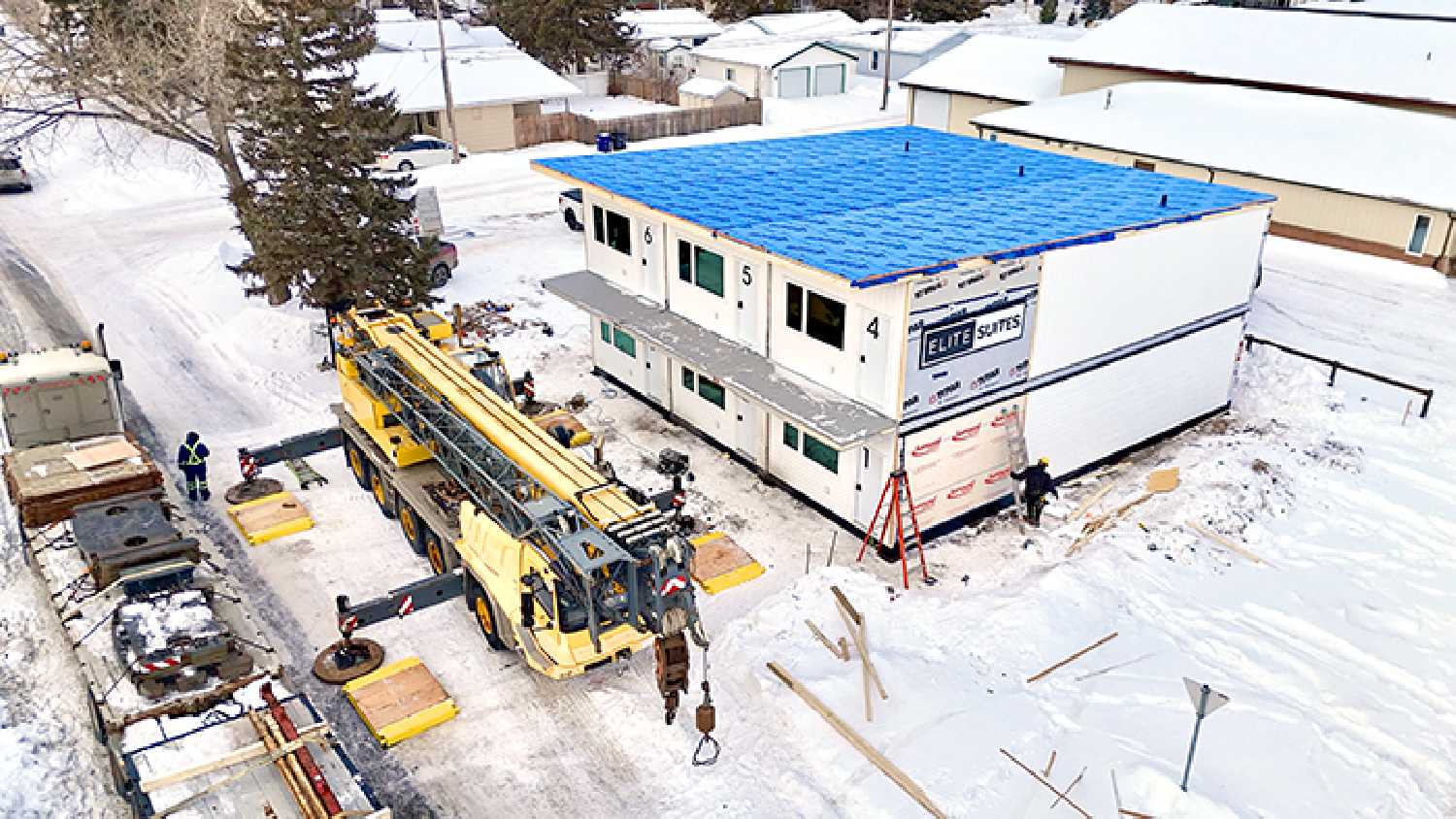 A six-unit apartment building was put up in Moosomin on Thursday on Broadway Avenue right next to the new Borderland Co-op Food Store. The building, owned by Jay Hamilton, was constructed by Dream Concepts from Neepawa Manitoba in six units that were lifted into place on Thursday and bolted together. Kevin Weedmark took this aerial photo of the new six-plex after all of the units were in place.